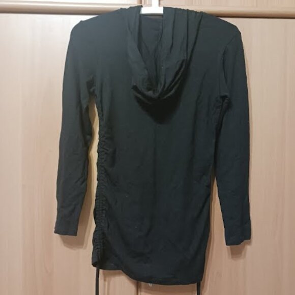 BEBE Long Sleeve Ruched Hooded Black Shirt with Rhinestone Logo, Sz M, Used - Picture 4 of 8